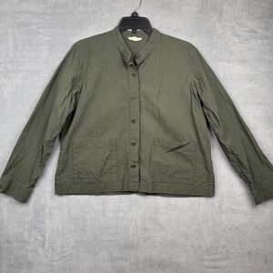 EILEEN FISHER Olive Green Crinkle Knit Band Collar Button Down‎ XS